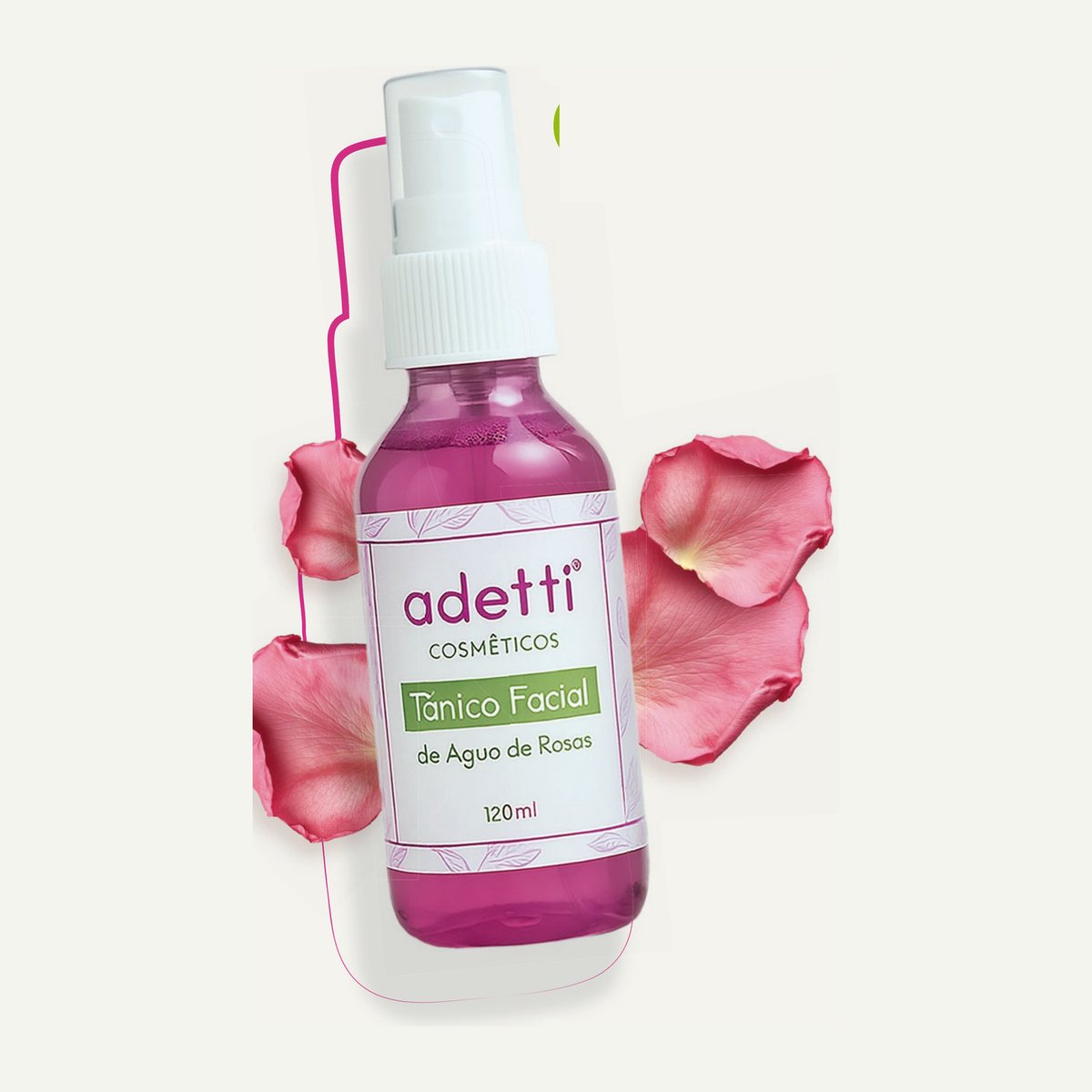 Atomizador de Tónico Facial de Agua de Rosas Adetti de 120 ml rodeado de pétalos de rosa
