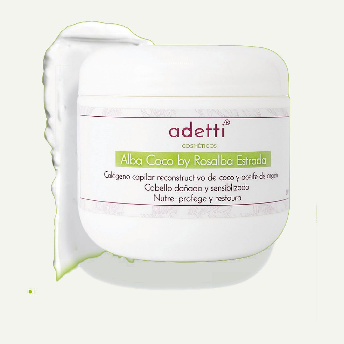 Tarro blanco de Colágeno Capilar Alba Coco Adetti de 120 ml junto a su textura