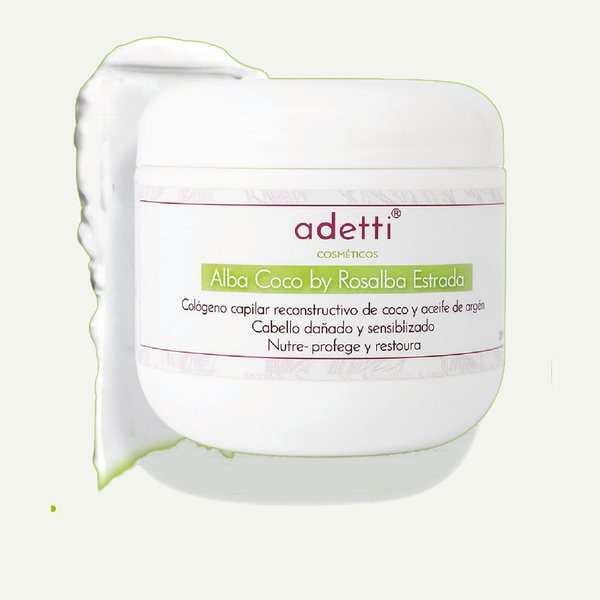 Tarro blanco de Colágeno Capilar Alba Coco Adetti de 120 ml junto a su textura