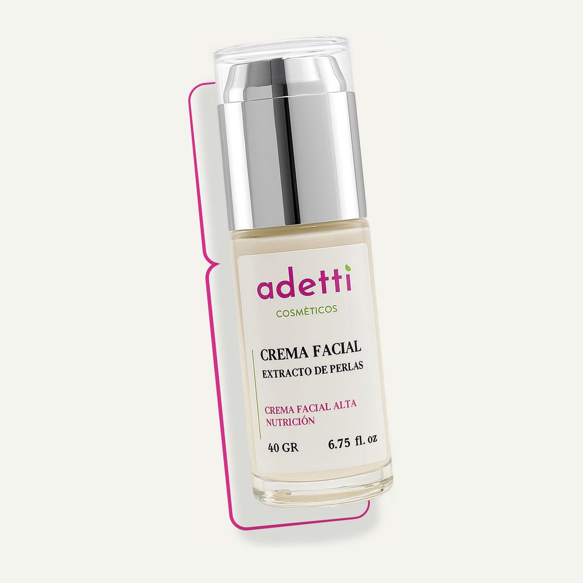 Frasco con dosificador plateado de Crema Facial Extracto de Perlas Adetti de 40 g
