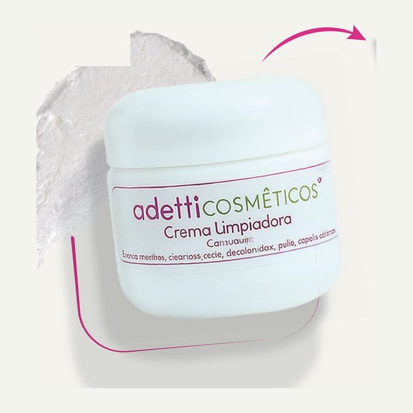 Tarro azul claro de Crema Limpiadora Adetti junto a una textura de crema blanca