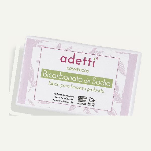 Barra de Jabón de Bicarbonato de Sodio Adetti en su caja blanca con etiqueta verde
