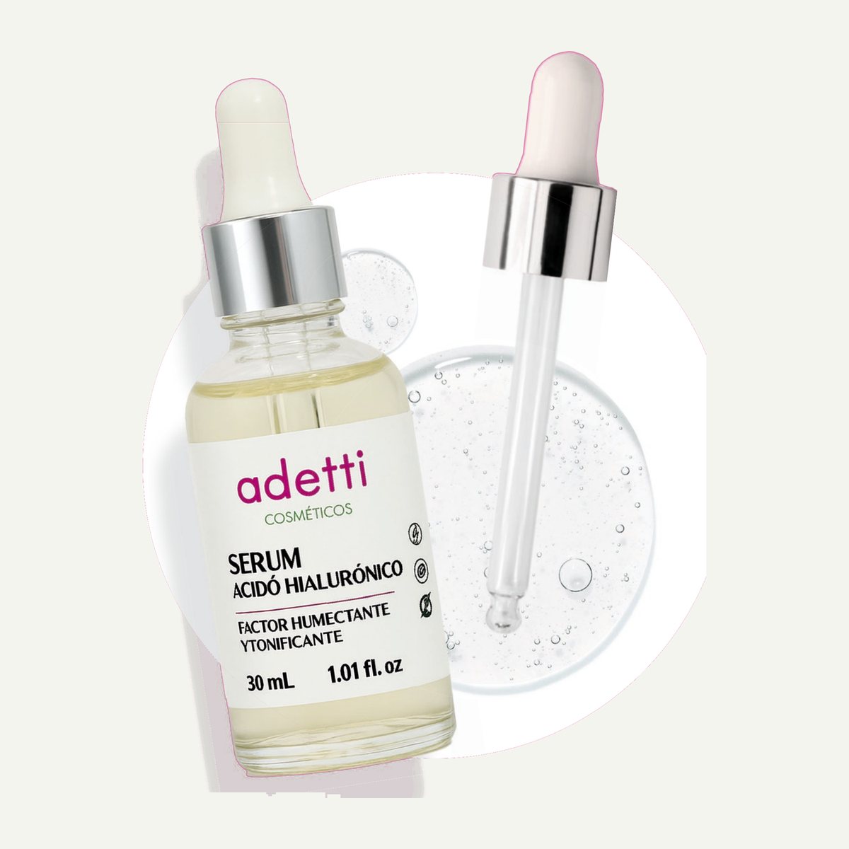 Frasco gotero de Serum de Ácido Hialurónico Adetti de 30 ml con textura de gel