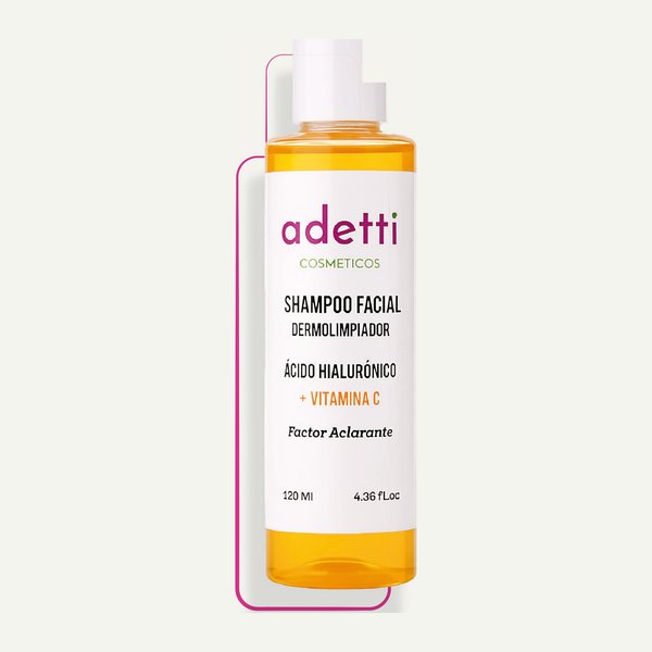 Botella ámbar de Shampoo Facial Dermolimpiador Adetti con ácido hialurónico y vitamina C, 120 ml